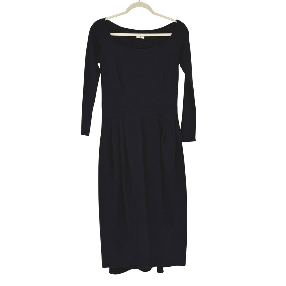 Yael Admoni Black Midi Dress Small Stretch Long Sleeve Boat Neck Pockets
